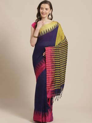 Navy Blue & Pink Pure Cotton Solid Bengal Handloom Saree 1
