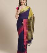 Navy Blue & Pink Pure Cotton Solid Bengal Handloom Saree