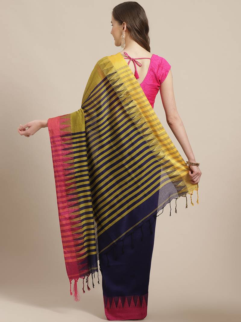 Navy Blue & Pink Pure Cotton Solid Bengal Handloom Saree