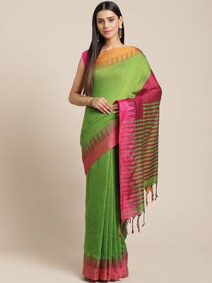 Green & Pink Pure Cotton Solid Bengal Handloom Saree 1