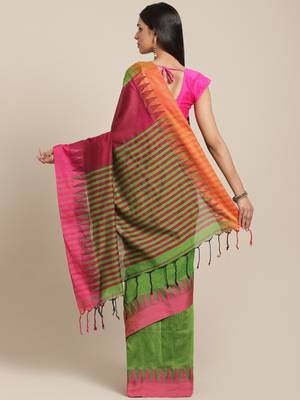 Green & Pink Pure Cotton Solid Bengal Handloom Saree 2