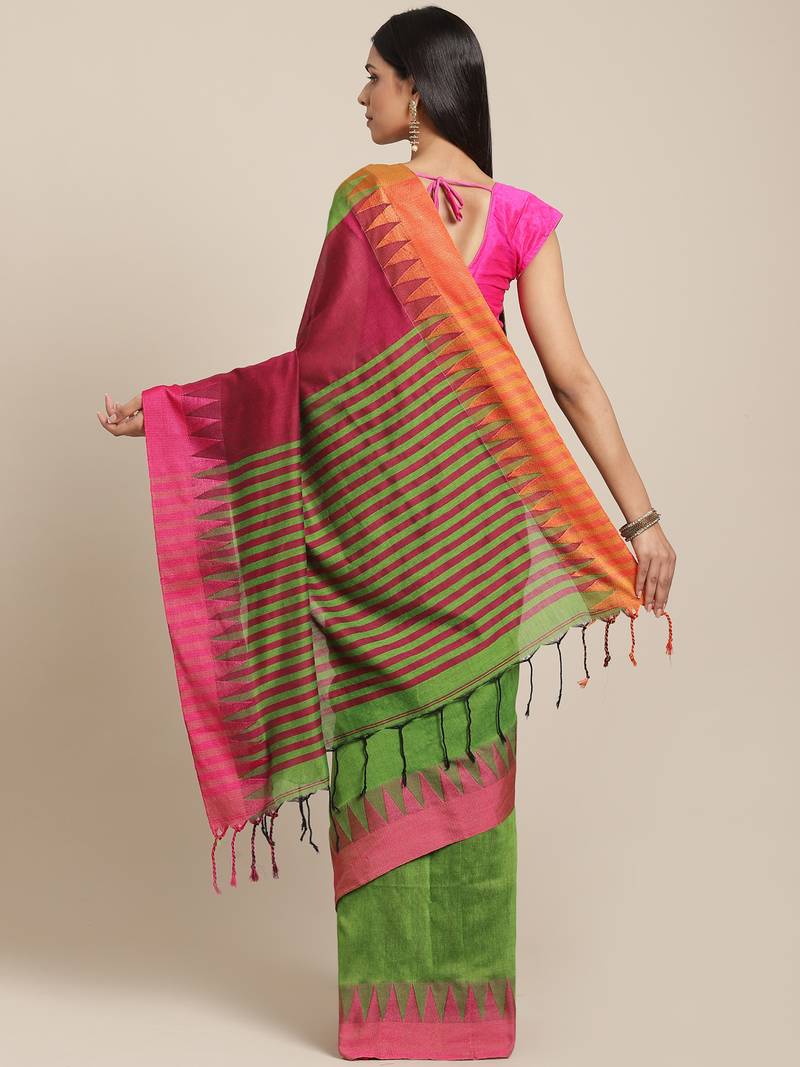 Green & Pink Pure Cotton Solid Bengal Handloom Saree