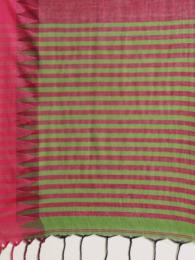 Green & Pink Pure Cotton Solid Bengal Handloom Saree