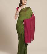 Olive Green & Magenta Colourblocked Handloom Saree