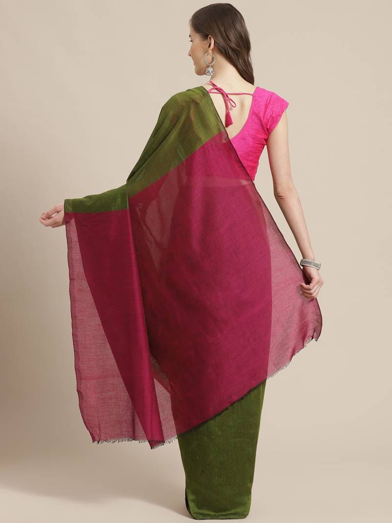 Olive Green & Magenta Colourblocked Handloom Saree