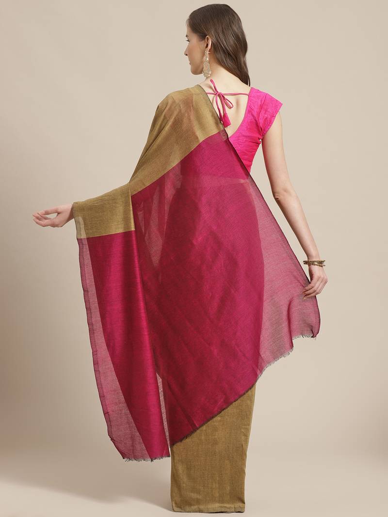 Olive Green & Maroon Pure Cotton Solid Bengal Handloom Saree