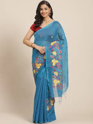 Blue & Red Bengal Handloom Embroidered Taant Saree 1