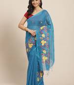 Blue & Red Bengal Handloom Embroidered Taant Saree
