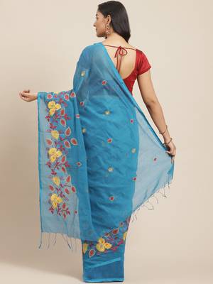 Blue & Red Bengal Handloom Embroidered Taant Saree 2