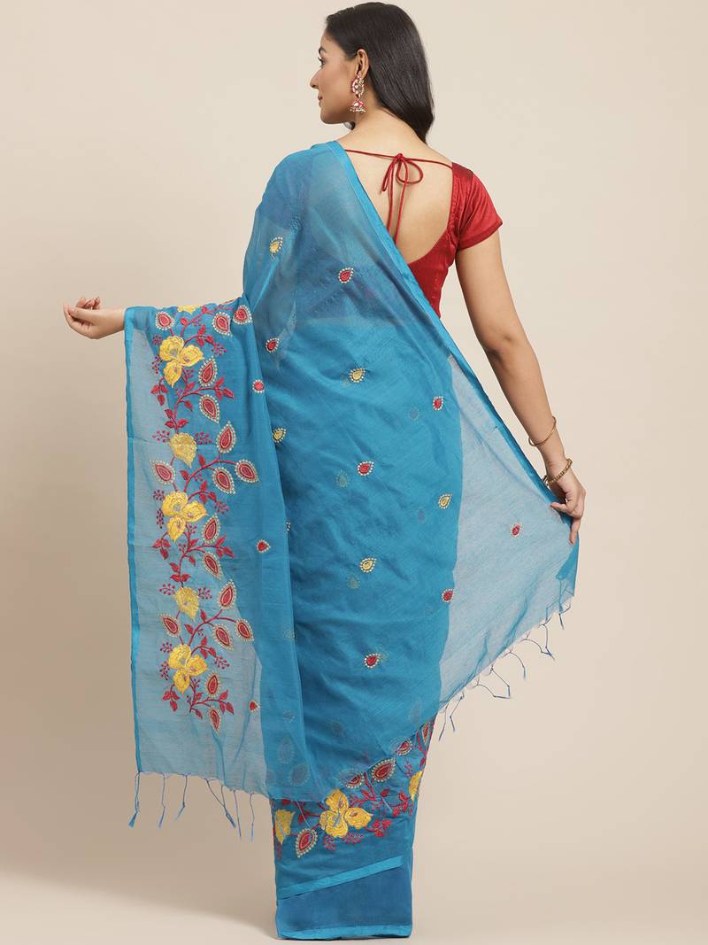 Blue & Red Bengal Handloom Embroidered Taant Saree