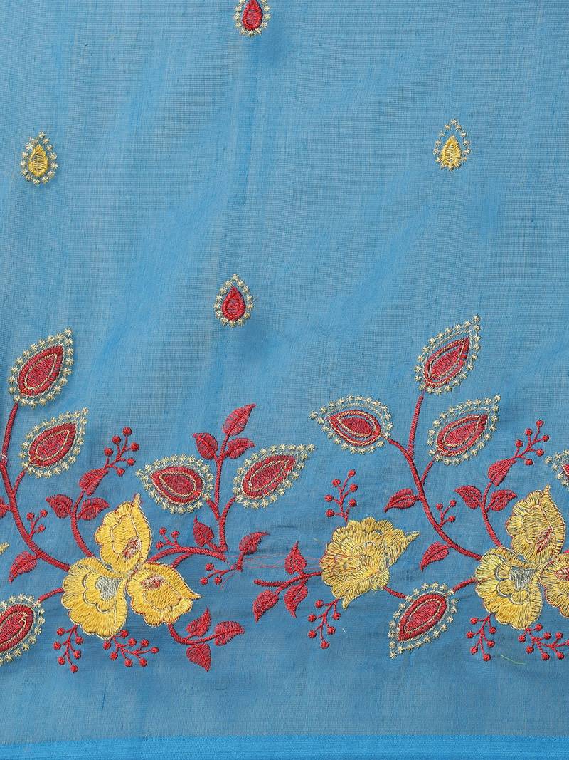 Blue & Red Bengal Handloom Embroidered Taant Saree
