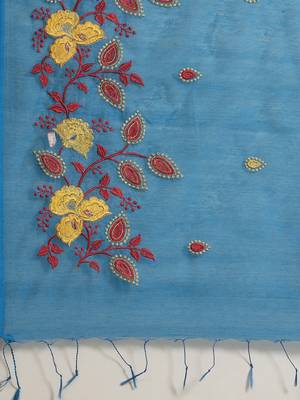 Blue & Red Bengal Handloom Embroidered Taant Saree 4