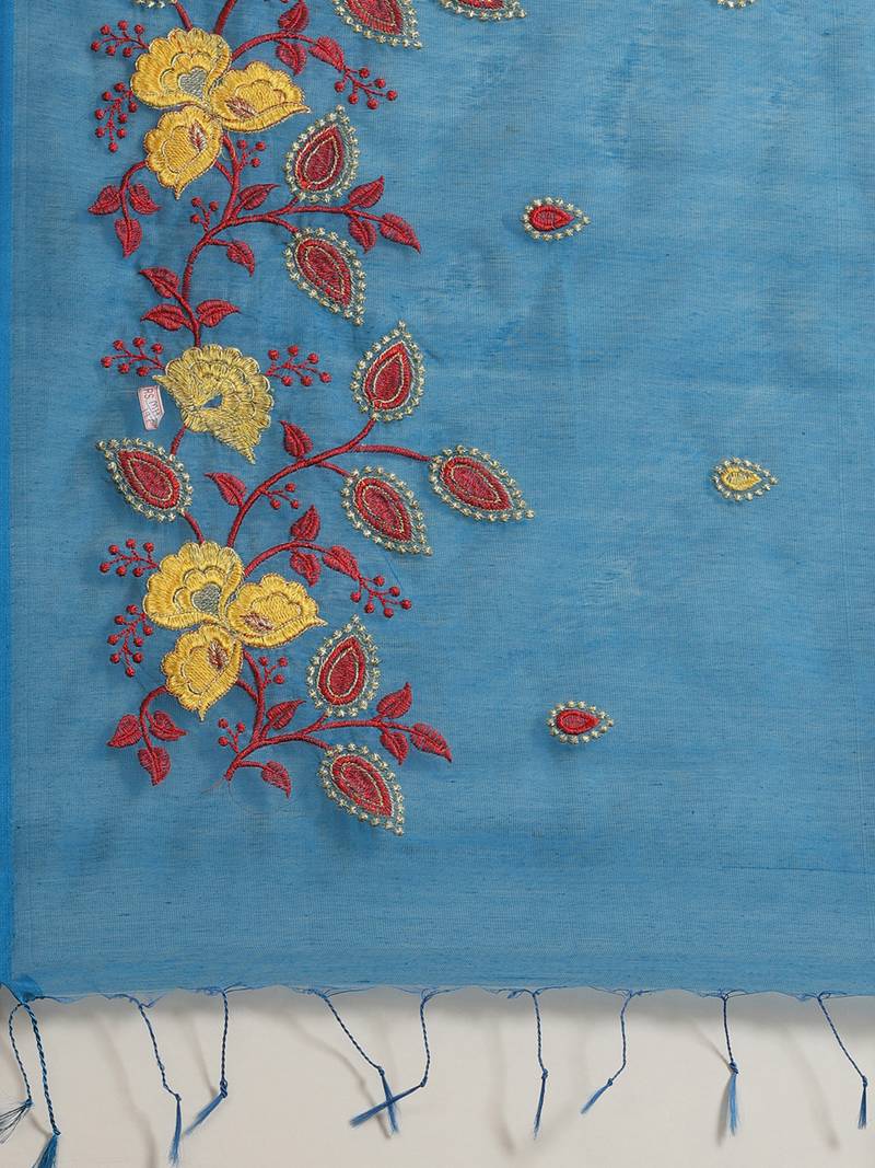 Blue & Red Bengal Handloom Embroidered Taant Saree