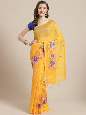 Orange & Blue Embroidered Bengal Handloom Taant Saree 1