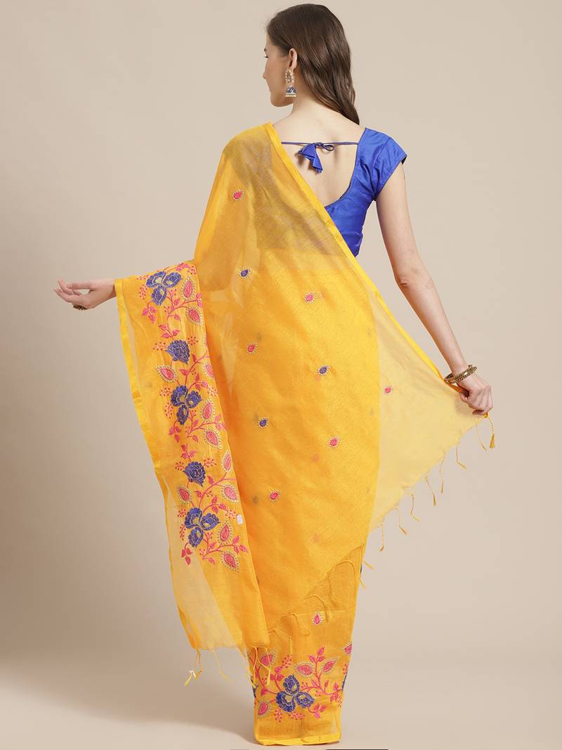 Orange & Blue Embroidered Bengal Handloom Taant Saree