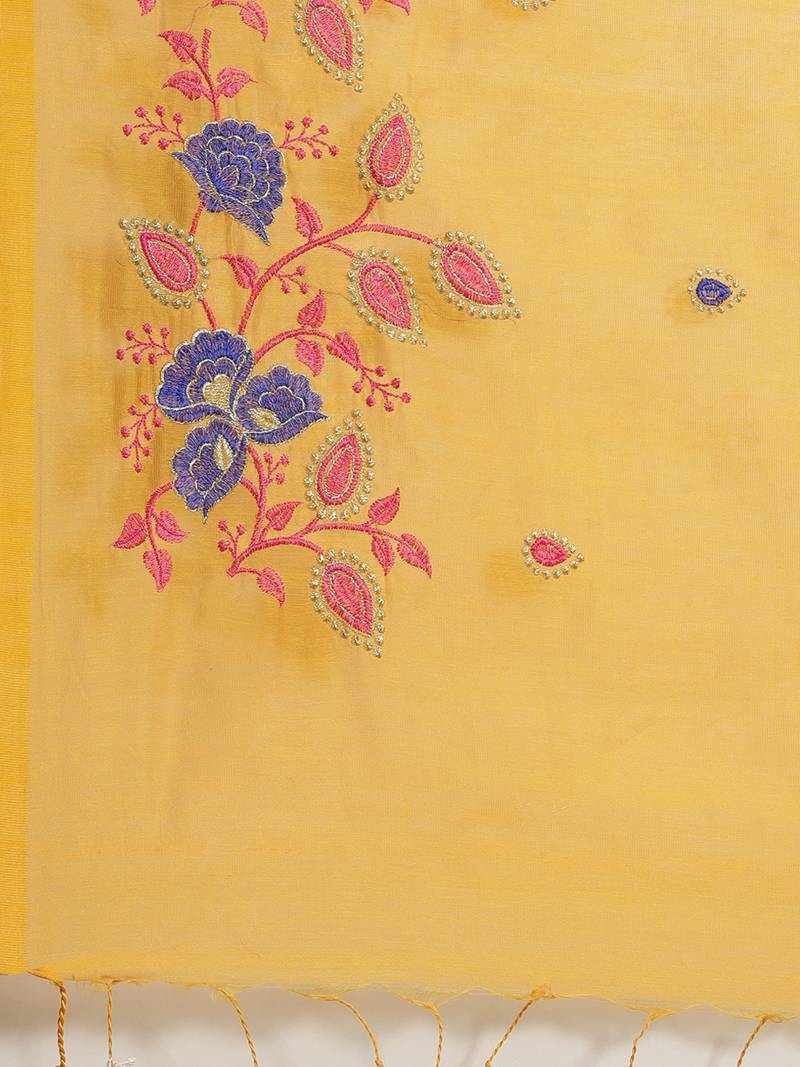 Orange & Blue Embroidered Bengal Handloom Taant Saree