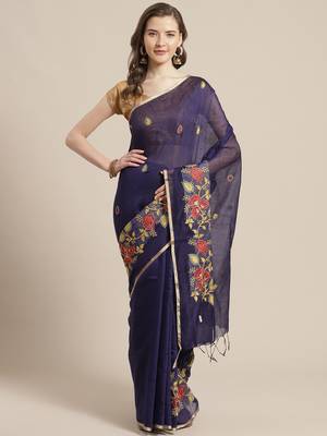 Navy Blue & Golden Embroidered Bengal Handloom Taant Saree 1