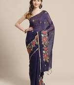 Navy Blue & Golden Embroidered Bengal Handloom Taant Saree