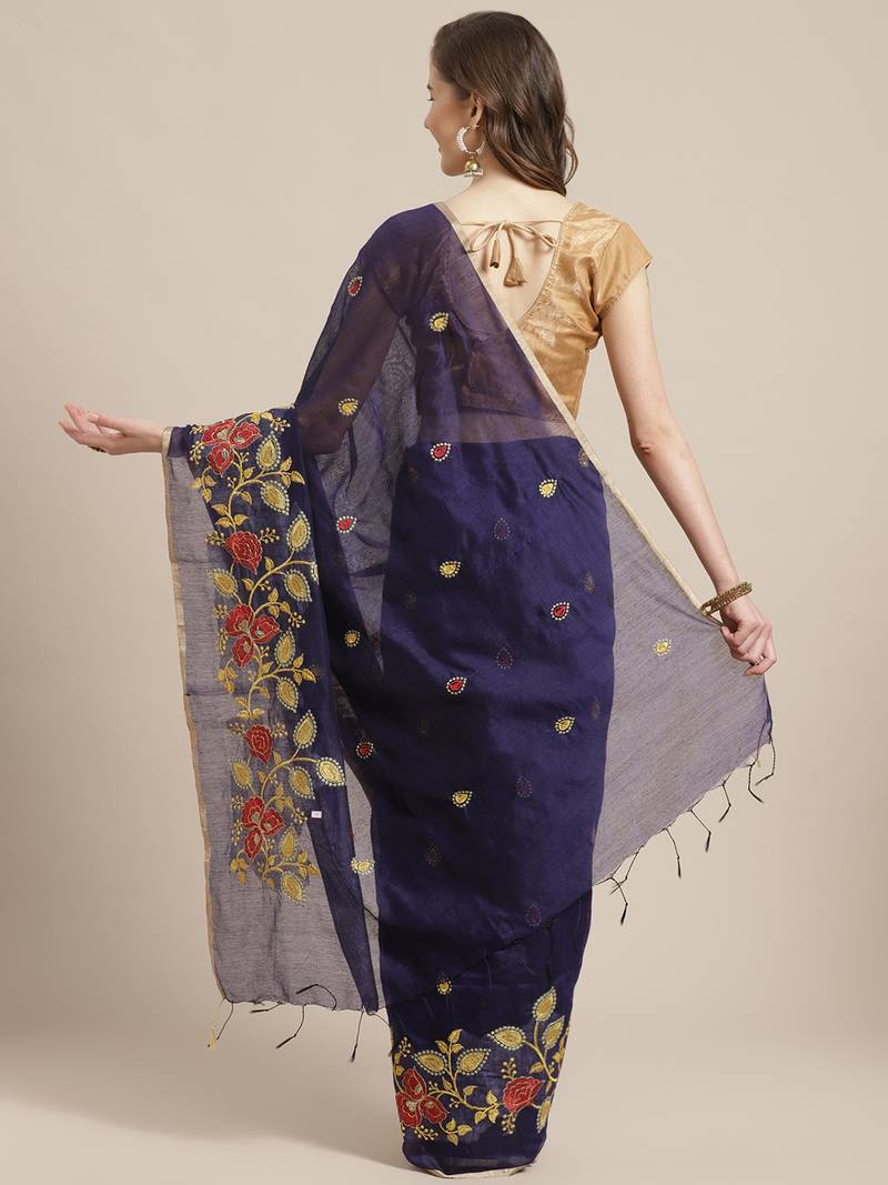 Navy Blue & Golden Embroidered Bengal Handloom Taant Saree