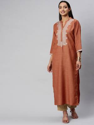 Rust And Cream Mirror Work Embroidery Yoke Kurta With quarter Sleeves. 1