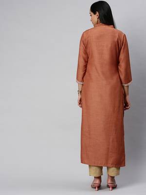 Rust And Cream Mirror Work Embroidery Yoke Kurta With quarter Sleeves. 2