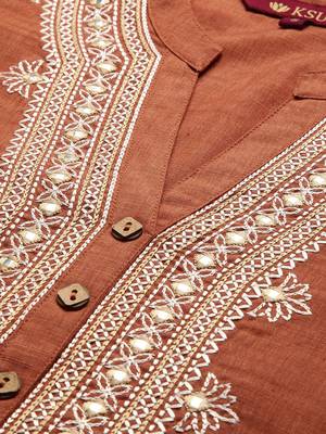Rust And Cream Mirror Work Embroidery Yoke Kurta With quarter Sleeves. 4