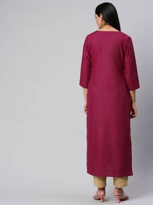 Fuchsia And Gold Yoke Embroidery Kurta With quarter Sleeves. 2