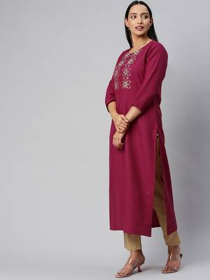 Fuchsia And Gold Yoke Embroidery Kurta With quarter Sleeves. 3