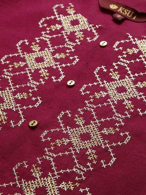 Fuchsia And Gold Yoke Embroidery Kurta With quarter Sleeves. 4