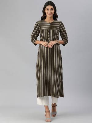 beige and black stripe woven straight kurta with stylized sleeves 1
