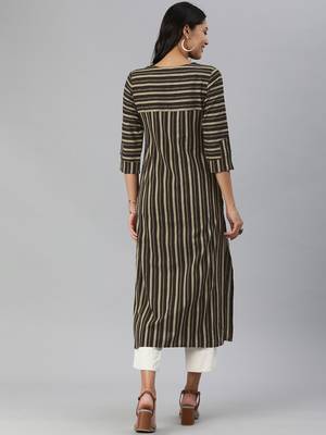 beige and black stripe woven straight kurta with stylized sleeves 2