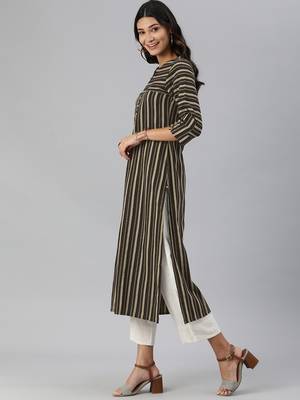 beige and black stripe woven straight kurta with stylized sleeves 3