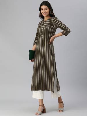 beige and black stripe woven straight kurta with stylized sleeves 5
