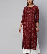 Maroon Abstract Printed Straight Kurta With quarter Sleeves.