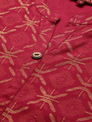 Fuchsia And Gold Geometric Printed A Line Kurta With quarter Sleeves. 4