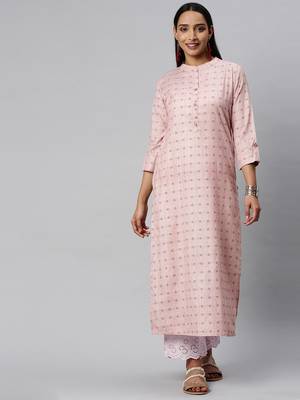 Pink And Blue Polka Dot Woven Straight Kurta With Roll Up Sleeves. 1