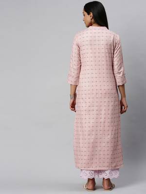 Pink And Blue Polka Dot Woven Straight Kurta With Roll Up Sleeves. 2