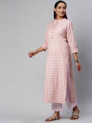 Pink And Blue Polka Dot Woven Straight Kurta With Roll Up Sleeves. 3