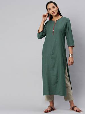 Olive Green And Off White Woven Check Kurta With Handwork On Neckline And Sleeves. 1