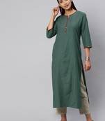 Olive Green And Off White Woven Check Kurta With Handwork On Neckline And Sleeves.