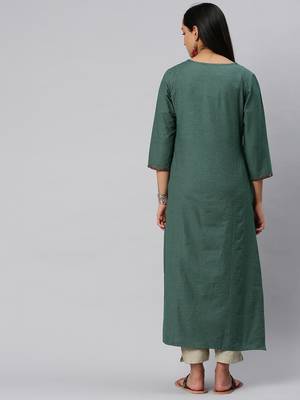 Olive Green And Off White Woven Check Kurta With Handwork On Neckline And Sleeves. 2