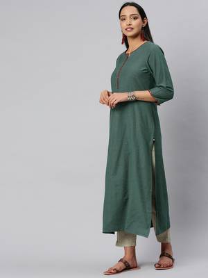 Olive Green And Off White Woven Check Kurta With Handwork On Neckline And Sleeves. 3
