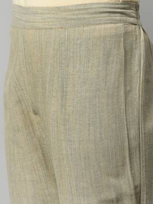 Olive Green And Off White Woven Check Kurta With Handwork On Neckline And Sleeves. 5