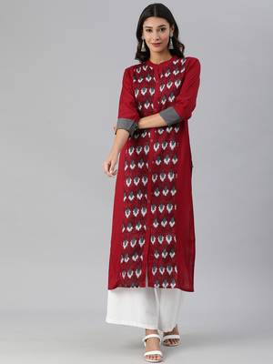 Red And Grey Ikkat Woven Straight Kurta With quarter Sleeves. 1