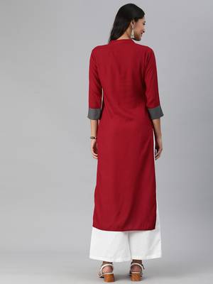 Red And Grey Ikkat Woven Straight Kurta With quarter Sleeves. 2