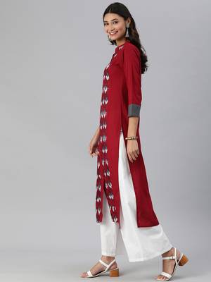 Red And Grey Ikkat Woven Straight Kurta With quarter Sleeves. 3