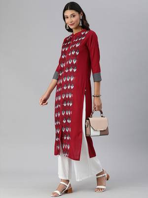 Red And Grey Ikkat Woven Straight Kurta With quarter Sleeves. 5