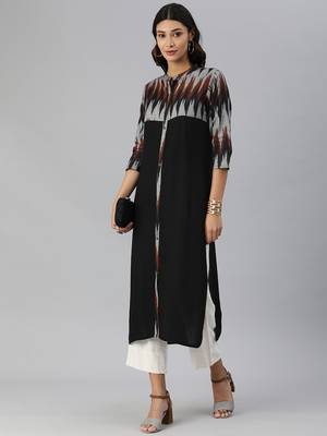 Black And Grey Ikkat Woven Straight Kurta 5