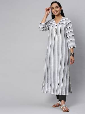 White And Black Stripe Woven Kurta With quarter Sleeves. 1