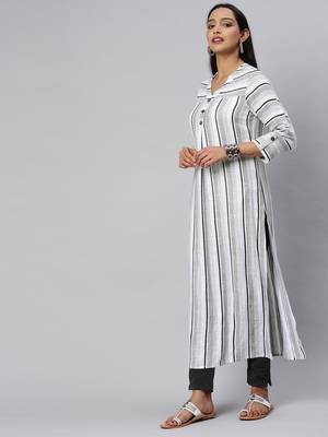 White And Black Stripe Woven Kurta With quarter Sleeves. 3